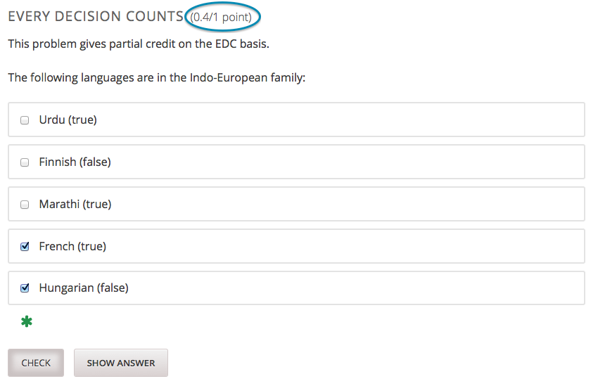 EDC-Checkbox-Problem mit 3 richtigen Antworten und 2 falschen Antworten. Das Ankreuzen einer richtigen Antwort und einer falschen Antwort ergibt eine Gesamtpunktzahl von 0.4 von 1 Punkt.